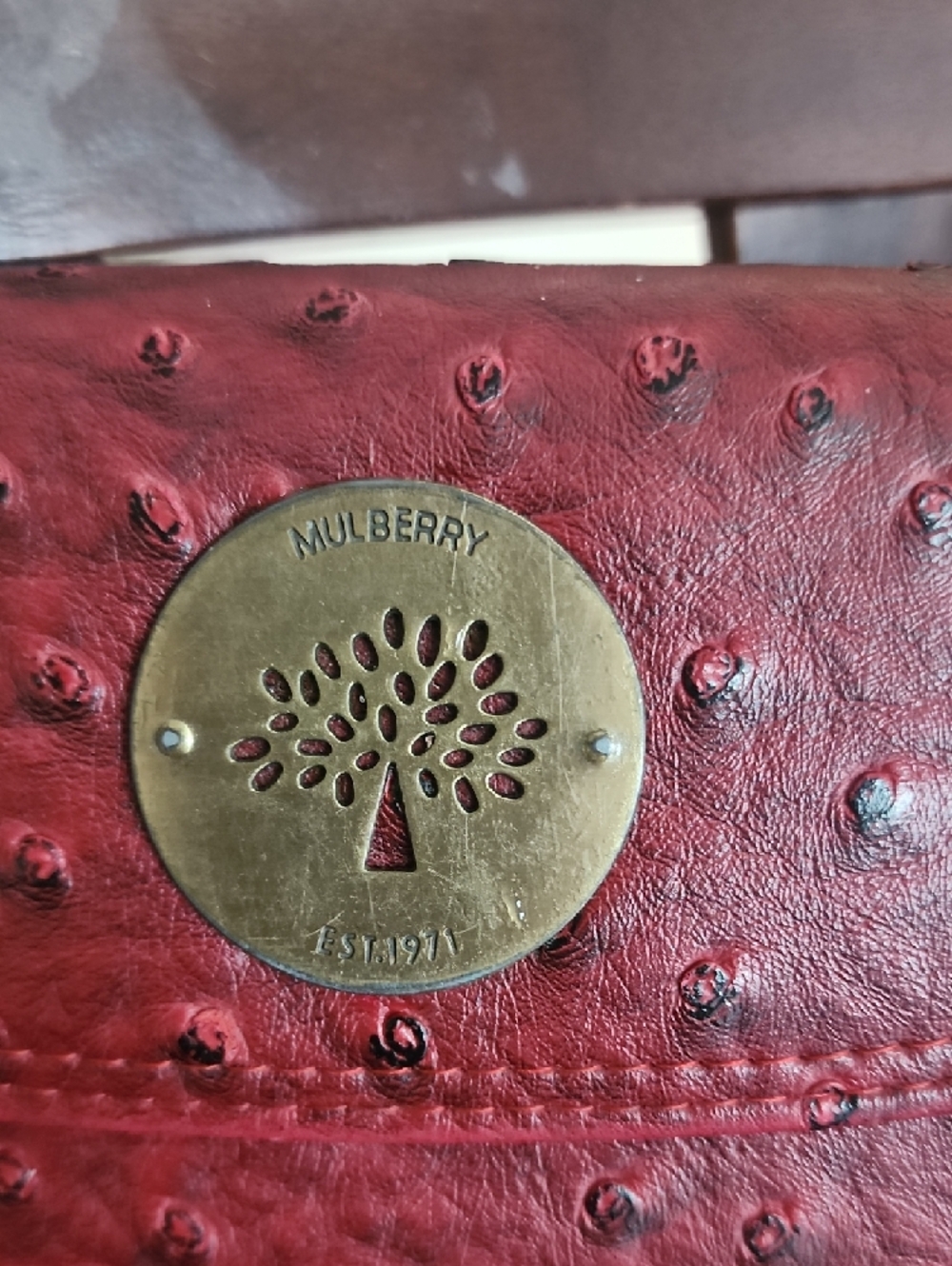 Mulberry Red Ostrich Embossed Leather Wallet Gold Tree Medallion Flap - Picture 2 of 8